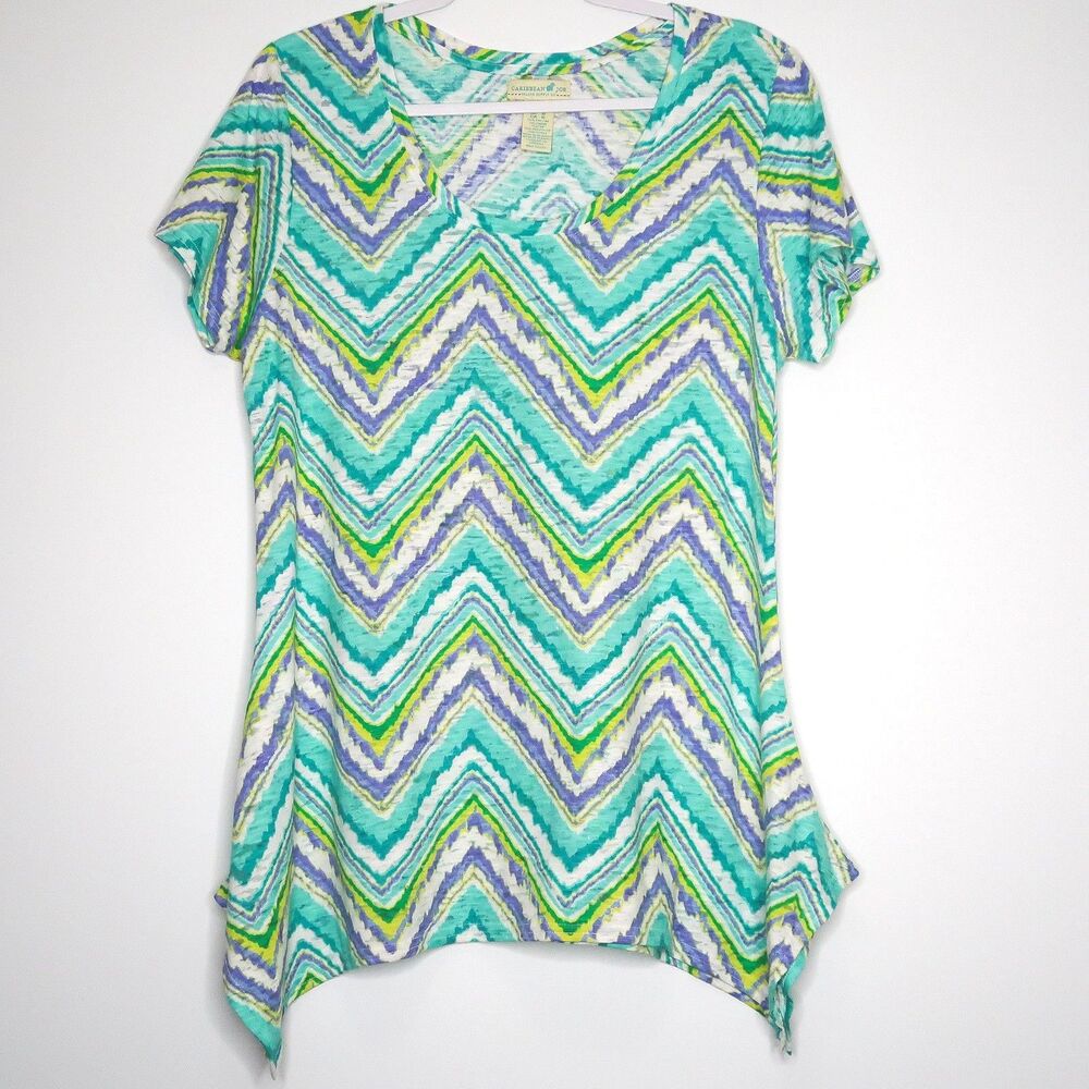Caribbean Joe Island Supply‎ Co Womens Top Size Large Turquoise Purple Chevron